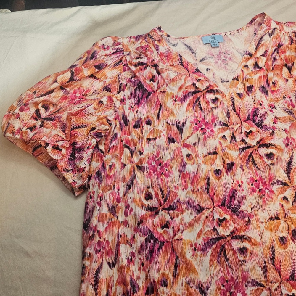 CeCe 3X A La Plage Floral V-Neck Short Puff Sleeve Shirt NWT 1300